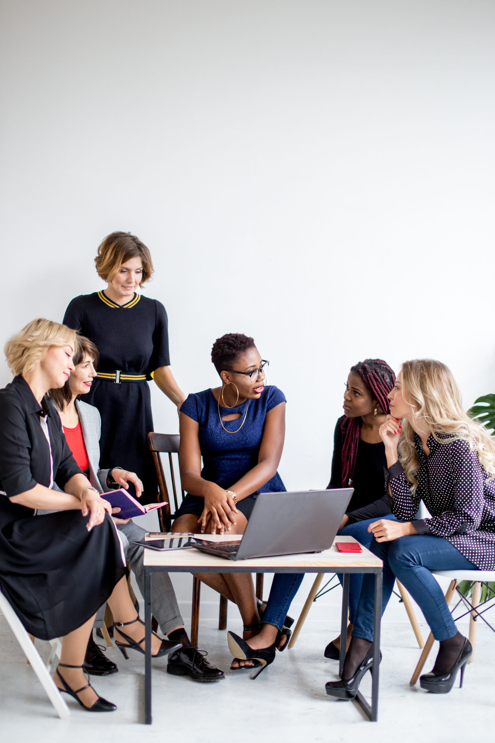 Positive women discuss organization plan while sitting at the table with laptop