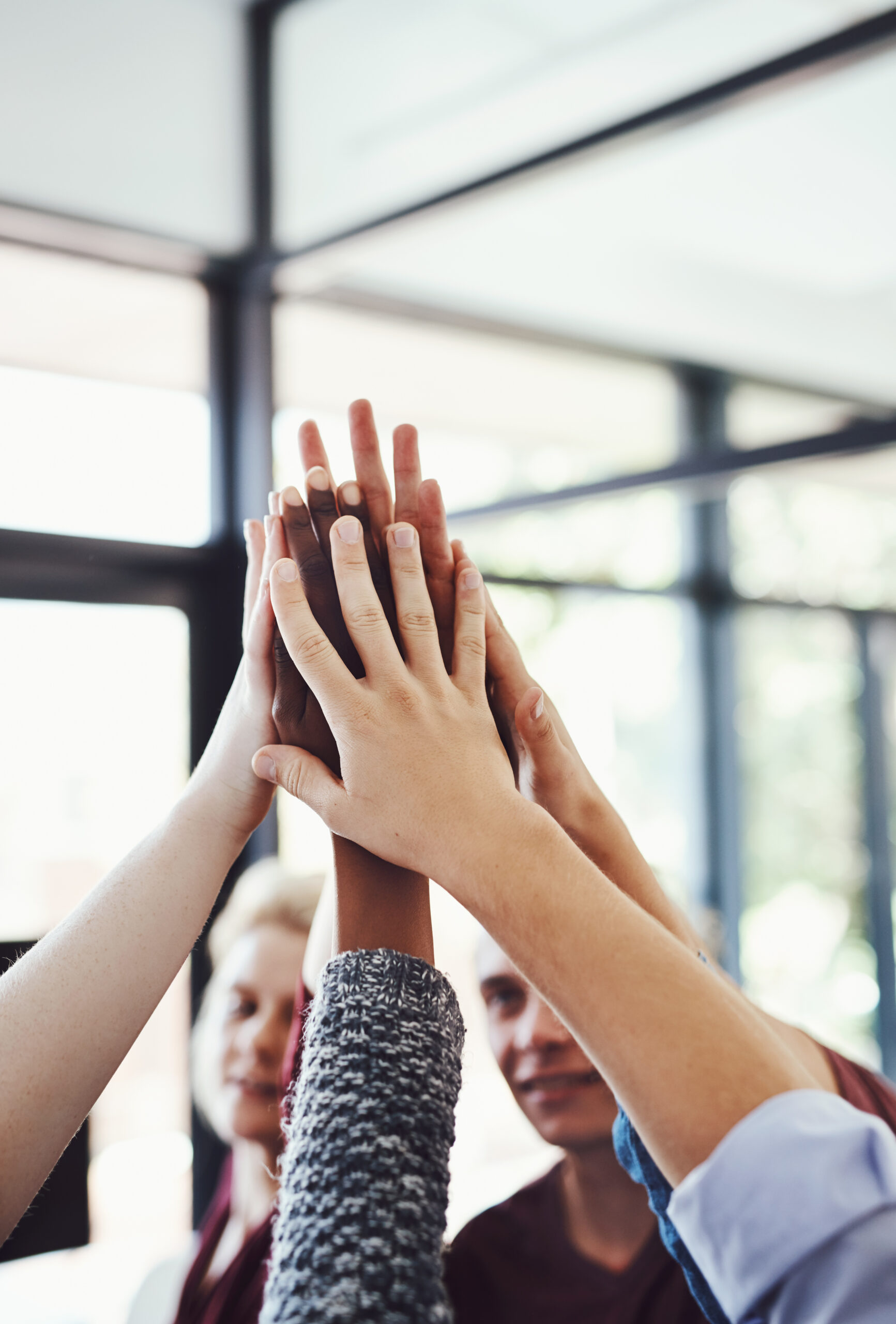 High five, group and business people in success, support and teamwork for company sales, project goals and winning. Yes, celebration and women and men or team hands together for help or target reach